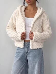 SHEIN Tween Girl Textured Jacquard Fabric Fleece Jacket, Long Sleeve, Autumn/Winter Back To School, Holiday Student White Cute Kawaii Off Campus - White - View 9