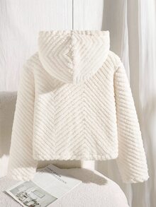 SHEIN Tween Girl Textured Jacquard Fabric Fleece Jacket, Long Sleeve, Autumn/Winter Back To School, Holiday Student White Cute Kawaii Off Campus - White - View 2