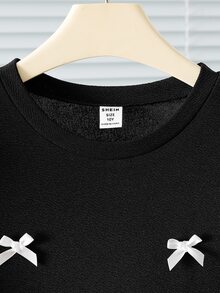 SHEIN 1 件 Tween Girl 纯色 3D 蝴蝶结短袖褶皱摆裙，宽松版型，春夏 - 黑色 - 查看 9