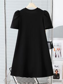 SHEIN 1 件 Tween Girl 纯色 3D 蝴蝶结短袖褶皱摆裙，宽松版型，春夏 - 黑色 - 查看 4