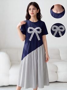 SHEIN Teen Girls Set Navy Blue Patchwork Bow Decor Teen Girls Mini Dress, Outfits Beach Party Summer Cute - Blue - View 3