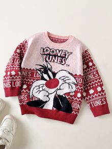 LOONEY TUNES X SHEIN 女童休閒嬰幼兒女童女童百搭粉色卡通圖案領口寬鬆長袖套頭毛衣日常穿著秋冬聖誕嬰兒 - 紅色 - 查看 7