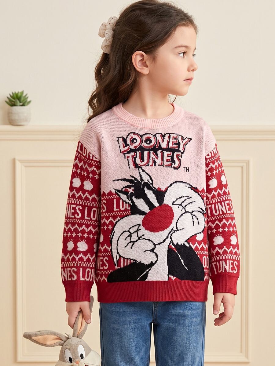 LOONEY TUNES X SHEIN 女童休閒嬰幼兒女童女童百搭粉色卡通圖案領口寬鬆長袖套頭毛衣日常穿著秋冬聖誕嬰兒 - 紅色 - 查看 1