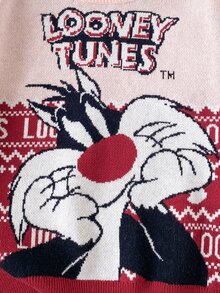 LOONEY TUNES X SHEIN 女童休閒嬰幼兒女童女童百搭粉色卡通圖案領口寬鬆長袖套頭毛衣日常穿著秋冬聖誕嬰兒 - 紅色 - 查看 3