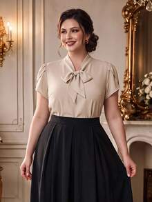 DreamSkyne Plus Tie Neck Petal Sleeve Blouse - Apricot - View 1