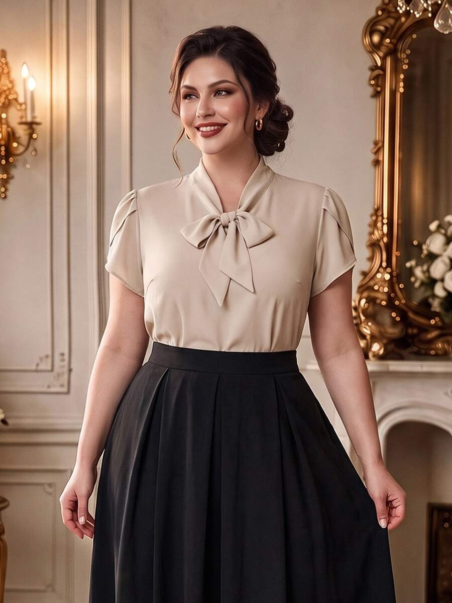 DreamSkyne Plus Tie Neck Petal Sleeve Blouse - Apricot - View 1
