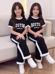 SHEIN Tween Girls 2pcs/Set Short Sleeve Athletic Casual Band Black White Contrast Trim Round Neck Raglan Sleeve T-Shirt Holiday Student Summer School - Black - View 2