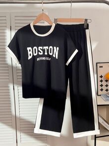 SHEIN Tween Girls 2pcs/Set Short Sleeve Athletic Casual Band Black White Contrast Trim Round Neck Raglan Sleeve T-Shirt Holiday Student Summer School - Black - View 3
