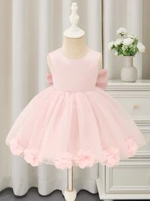 Glamorique Kids 女嬰淺粉色緞面薄紗洋裝，無袖優雅婚禮賓客花童禮服，手工串珠3D花朵生日夏季晚宴背心裙 - 粉色 - 查看 4