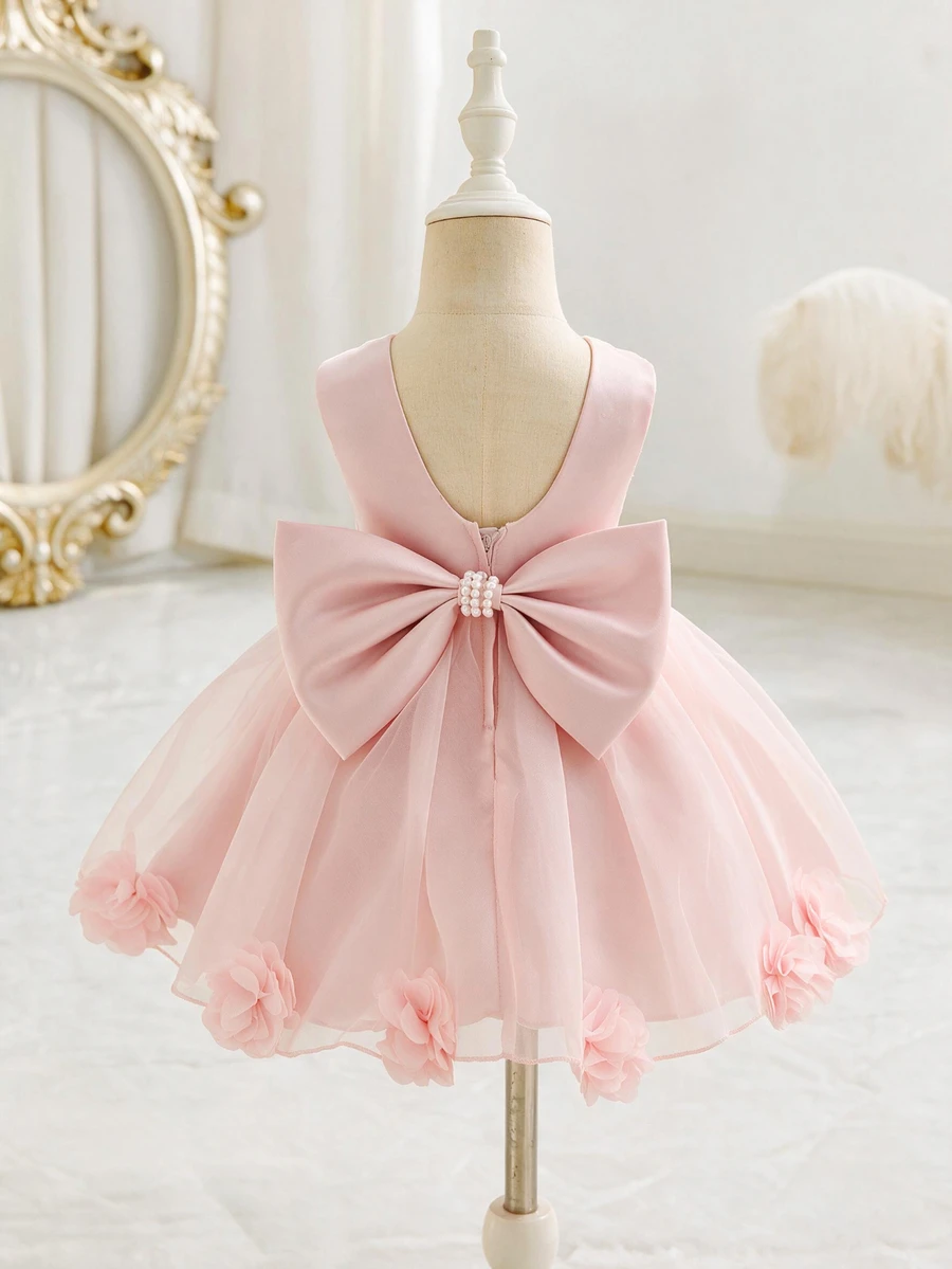 Glamorique Kids 女嬰淺粉色緞面薄紗洋裝，無袖優雅婚禮賓客花童禮服，手工串珠3D花朵生日夏季晚宴背心裙