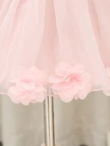 Glamorique Kids 女嬰淺粉色緞面薄紗洋裝，無袖優雅婚禮賓客花童禮服，手工串珠3D花朵生日夏季晚宴背心裙 - 粉色 - 查看 6