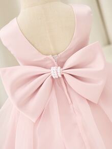 Glamorique Kids 女嬰淺粉色緞面薄紗洋裝，無袖優雅婚禮賓客花童禮服，手工串珠3D花朵生日夏季晚宴背心裙 - 粉色 - 查看 9