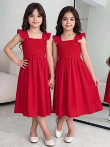 SHEIN Tween Girl Red Summer Cute Elegant Party Flower Girl Mini Dress, Casual, Graduation, Outfit Christmas - Red - View 3