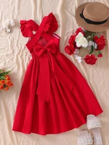 SHEIN Tween Girl Red Summer Cute Elegant Party Flower Girl Mini Dress, Casual, Graduation, Outfit Christmas - Red - View 10
