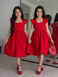 SHEIN Tween Girl Red Summer Cute Elegant Party Flower Girl Mini Dress, Casual, Graduation, Outfit Christmas - Red - View 11