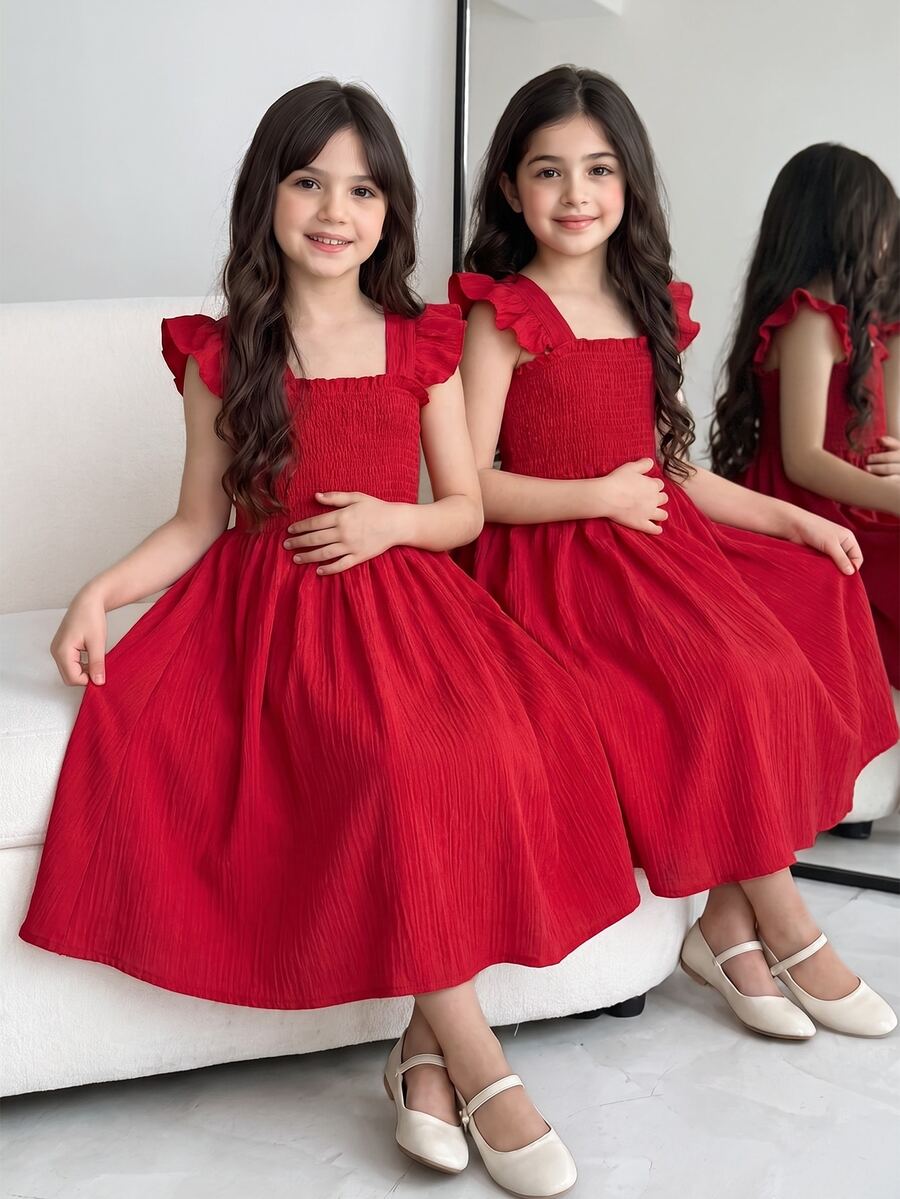 SHEIN Tween Girl Red Summer Cute Elegant Party Flower Girl Mini Dress, Casual, Graduation, Outfit Christmas