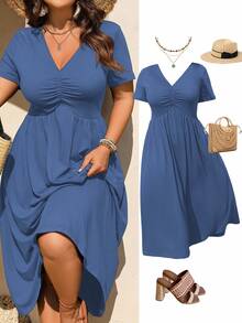 Rometta Elegant Casual V-Neck Pleated Design Short Sleeve Knitted Plus Size Dress, New Style - Dusty Blue - View 6