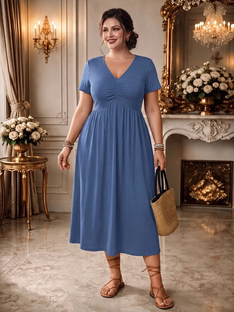 Rometta Elegant Casual V-Neck Pleated Design Short Sleeve Knitted Plus Size Dress, New Style - Dusty Blue - View 1