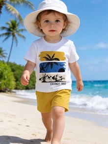 SHEIN 幼童男童夏季椰子樹字母印花短袖套裝，海灘度假風熱帶保守款，春季白色芥末黃 - 彩色 - 查看 9