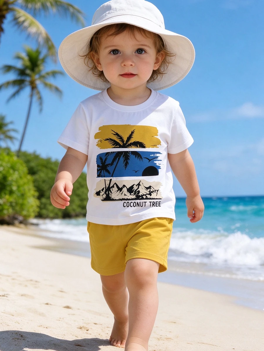 SHEIN Toddler Boys' Summer Coconut Tree Letter Print Short Sleeve Outfit Beach Holiday Vacation Tropical Modest Spring White Mustard Yellow