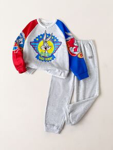 LOONEY TUNES X SHEIN Tween Boy Cartoon Graphic Kids Print Long Sleeve Sweatshirt And Denim Sweatpants Set - Grey - View 6