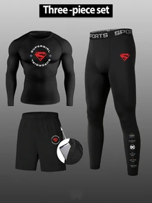 SUPERMAN X SHEIN Gym Rark Bộ đồ thể thao nam gồm áo thun tay dài raglan in chữ, quần short và quần legging tập gym - màu đen - Xem 1