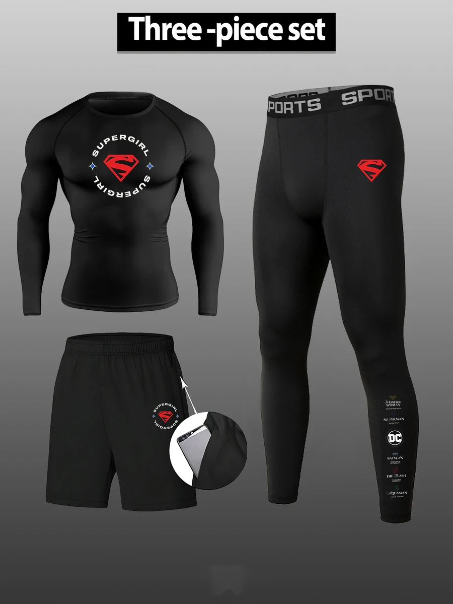 SUPERMAN X SHEIN Gym Rark Bộ đồ thể thao nam gồm áo thun tay dài raglan in chữ, quần short và quần legging tập gym - màu đen - Xem 1