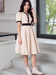 SHEIN 青少年女孩優雅可愛針織提花V領短袖修身拼色洋裝，金屬扣飾，米色，適合春夏派對舞會 - 杏色 - 查看 2