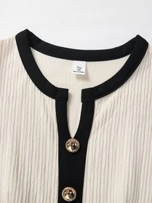 SHEIN 青少年女孩優雅可愛針織提花V領短袖修身拼色洋裝，金屬扣飾，米色，適合春夏派對舞會 - 杏色 - 查看 6