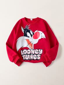 LOONEY TUNES X SHEIN 兒童青少年男孩休閒運動街頭風紅色卡通圖案圓領寬鬆長袖衛衣，適合秋季、聖誕節、校園穿著 - 紅色 - 查看 2