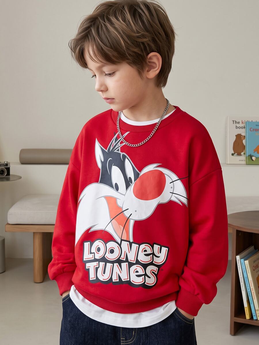 LOONEY TUNES X SHEIN 兒童青少年男孩休閒運動街頭風紅色卡通圖案圓領寬鬆長袖衛衣，適合秋季、聖誕節、校園穿著 - 紅色 - 查看 1