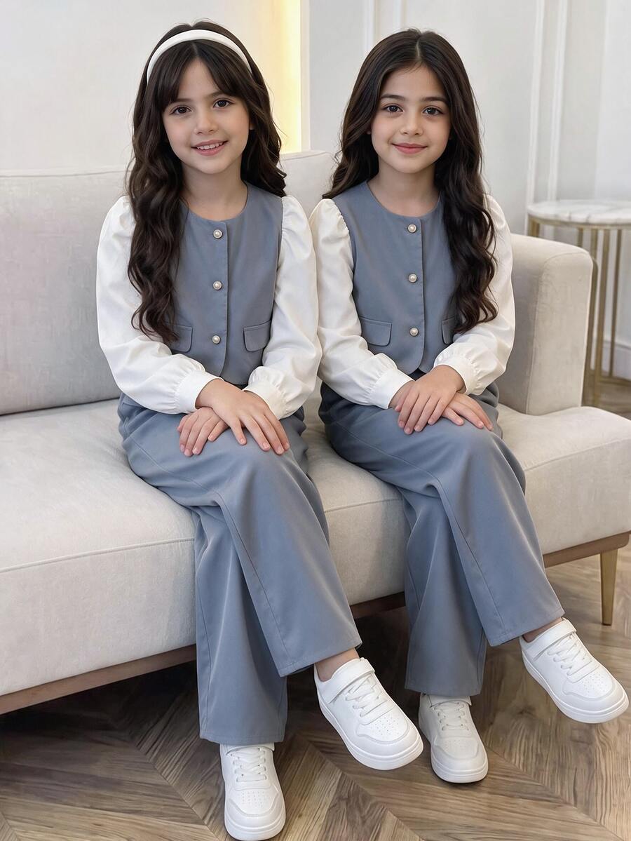 SHEIN Chaqueta de punto con bloque de color y decoración de perlas, pantalones casuales para niñas