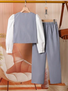 SHEIN Chaqueta de punto con bloque de color y decoración de perlas, pantalones casuales para niñas - Gris - Ver 5