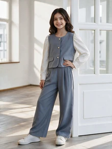 SHEIN Chaqueta de punto con bloque de color y decoración de perlas, pantalones casuales para niñas - Gris - Ver 3