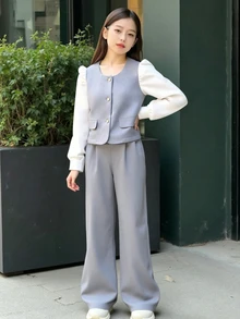 SHEIN Chaqueta de punto con bloque de color y decoración de perlas, pantalones casuales para niñas - Gris - Ver 6