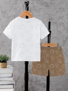 SHEIN 1 Set Toddler Boys' Cartoon Dinosaur Print T-Shirt And Matching Brown Shorts, Cute Outfits For Everyday Wear, Suitable For Spring And Summer - Multicolor - View 2