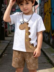 SHEIN 1 Set Toddler Boys' Cartoon Dinosaur Print T-Shirt And Matching Brown Shorts, Cute Outfits For Everyday Wear, Suitable For Spring And Summer - Multicolor - View 8