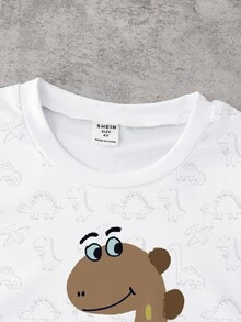 SHEIN 1 Set Toddler Boys' Cartoon Dinosaur Print T-Shirt And Matching Brown Shorts, Cute Outfits For Everyday Wear, Suitable For Spring And Summer - Multicolor - View 4