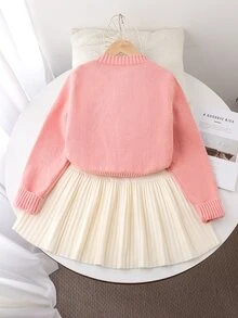 SHEIN 2 piezas/Set Conjunto de otoño para niña preadolescente: Elegante y lindo suéter de punto con lazo y falda de punto plisada, pulóver rosa pastel de despedida - Rosa - Ver 4