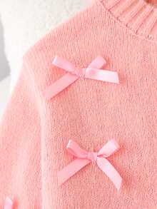 SHEIN 2 piezas/Set Conjunto de otoño para niña preadolescente: Elegante y lindo suéter de punto con lazo y falda de punto plisada, pulóver rosa pastel de despedida - Rosa - Ver 9