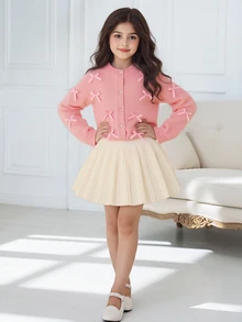 SHEIN 2 piezas/Set Conjunto de otoño para niña preadolescente: Elegante y lindo suéter de punto con lazo y falda de punto plisada, pulóver rosa pastel de despedida - Rosa - Ver 2