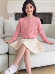 SHEIN 2 piezas/Set Conjunto de otoño para niña preadolescente: Elegante y lindo suéter de punto con lazo y falda de punto plisada, pulóver rosa pastel de despedida - Rosa - Ver 1