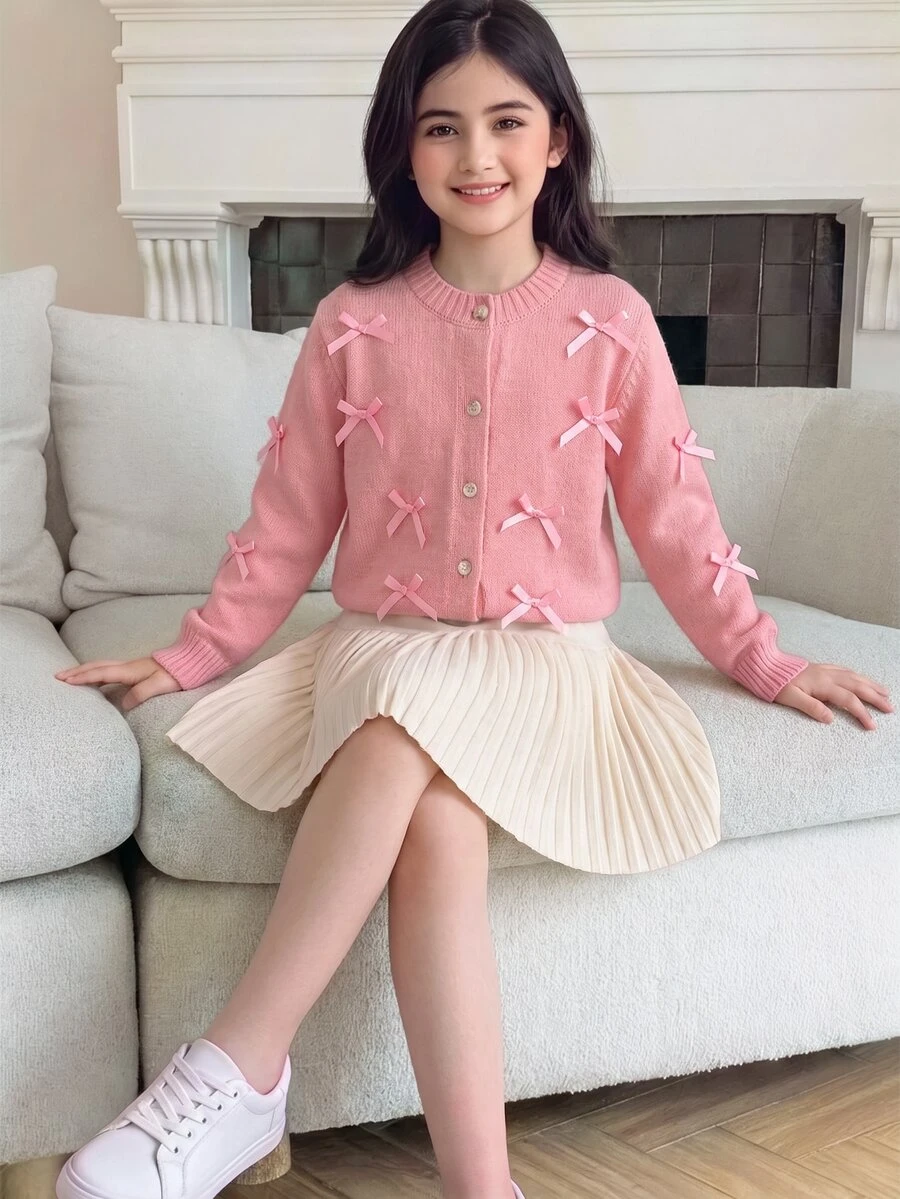 SHEIN 2 piezas/Set Conjunto de otoño para niña preadolescente: Elegante y lindo suéter de punto con lazo y falda de punto plisada, pulóver rosa pastel de despedida - Rosa - Ver 1