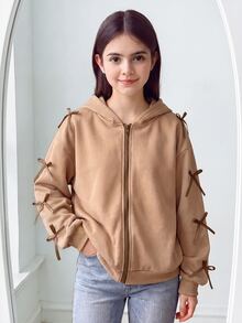 SHEIN Tween Girls Long Sleeve Fleece Fall Clothes Casual Solid Color Bow Decoration Hooded Zip-Up Cardigan Jacket, Back To School Fall Autumn Winter - Khaki - View 2