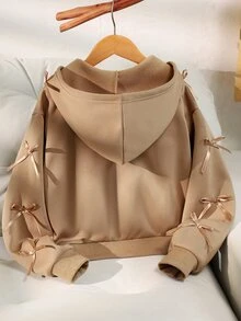 SHEIN Tween Girls Long Sleeve Fleece Fall Clothes Casual Solid Color Bow Decoration Hooded Zip-Up Cardigan Jacket, Back To School Fall Autumn Winter - Khaki - View 6