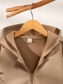 SHEIN Tween Girls Long Sleeve Fleece Fall Clothes Casual Solid Color Bow Decoration Hooded Zip-Up Cardigan Jacket, Back To School Fall Autumn Winter - Khaki - View 7