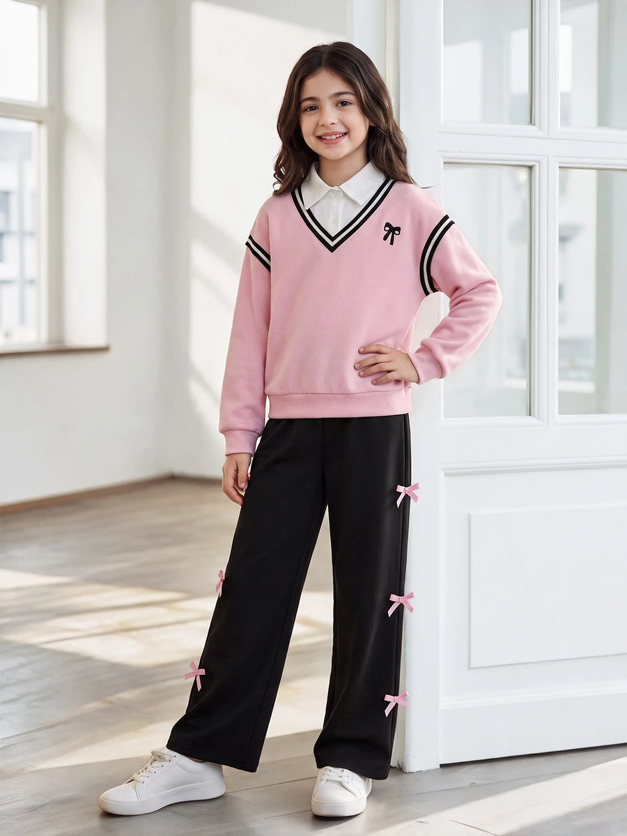 SHEIN Tween Girls Fall Outfits 2pcs/Set Round Neck Casual Everyday Commute School Style 2 In 1 Sweatshirt And Loose Wide-Leg Sweatpants Set, Spring/Autumn