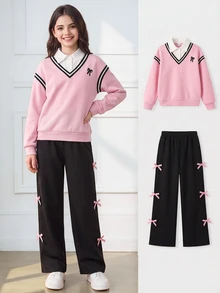 SHEIN Tween Girls Fall Outfits 2pcs/Set Round Neck Casual Everyday Commute School Style 2 In 1 Sweatshirt And Loose Wide-Leg Sweatpants Set, Spring/Autumn - Pink - View 3