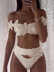 SHEIN SunnyBelle Spring/Summer Best-Selling Fabric With Randomly Placed Starfish Decor, Sexy High-End Elegant Vacation Bikini Set - Beige - View 6