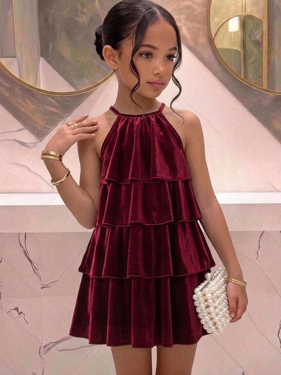SHEIN Tween Girl Kids Loose Fit Layered Solid Burgundy Velvet Elegant Halter Neck Sleeveless Ruffle Hem Midi Autumn Dress Party Dress - Burgundy - View 1